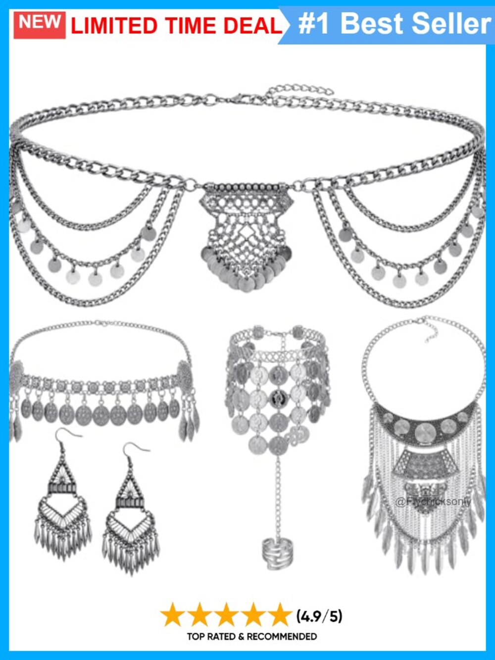 Silver Alloy Boho 5 Pc Jewelry Set Coin Necklace Waist Head Chain Festival